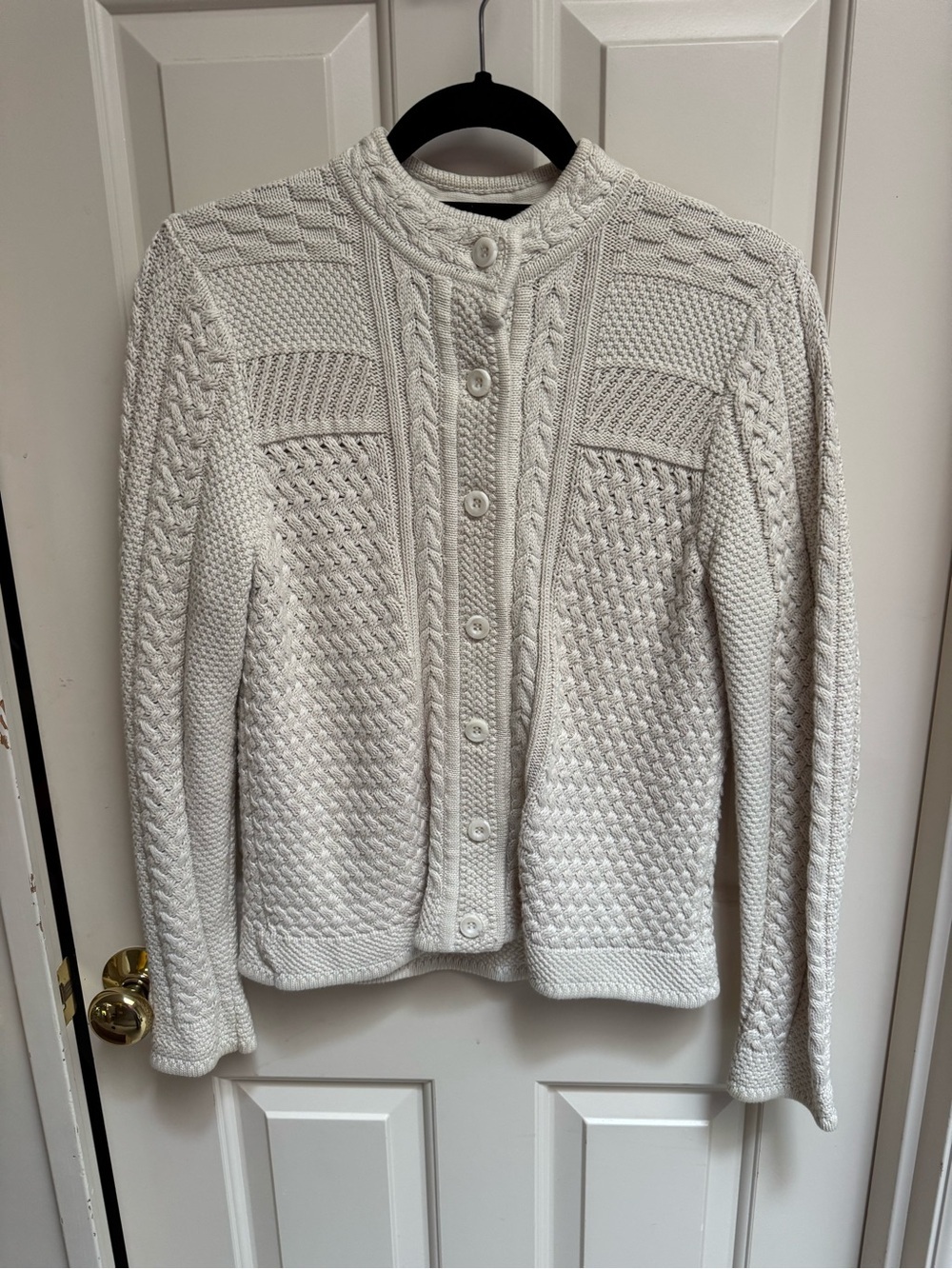 L.L. Bean Cream Cable & Basketweave Button-Front FishermanCardigan Sweater